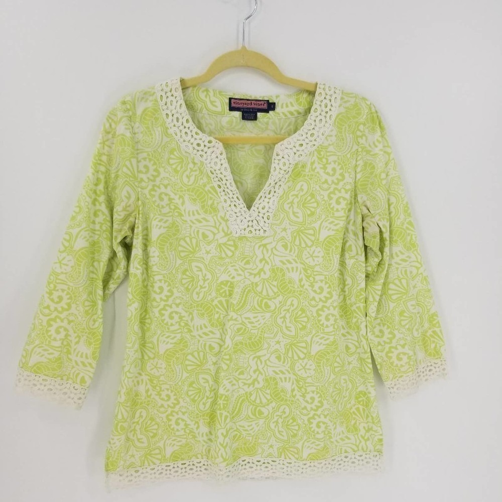 Vineyard Vines Women's Seashell Print Eyelet Lace Edge Top Lime Green Size Small